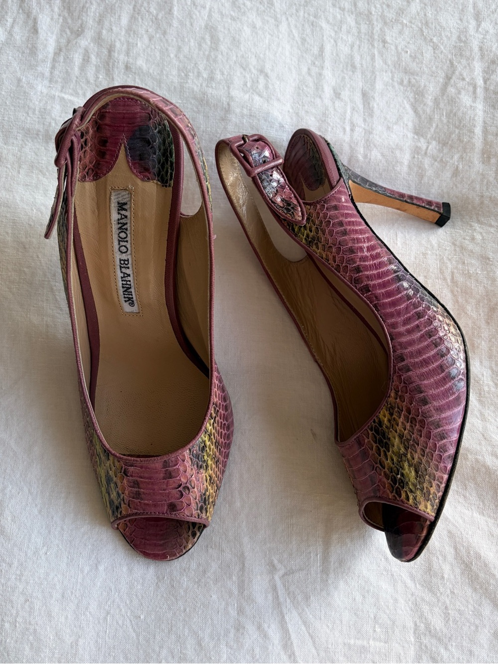 Vintage Manolo Blahnik Python Snakeskin Open Toe Slingback Heels Pink Yellow